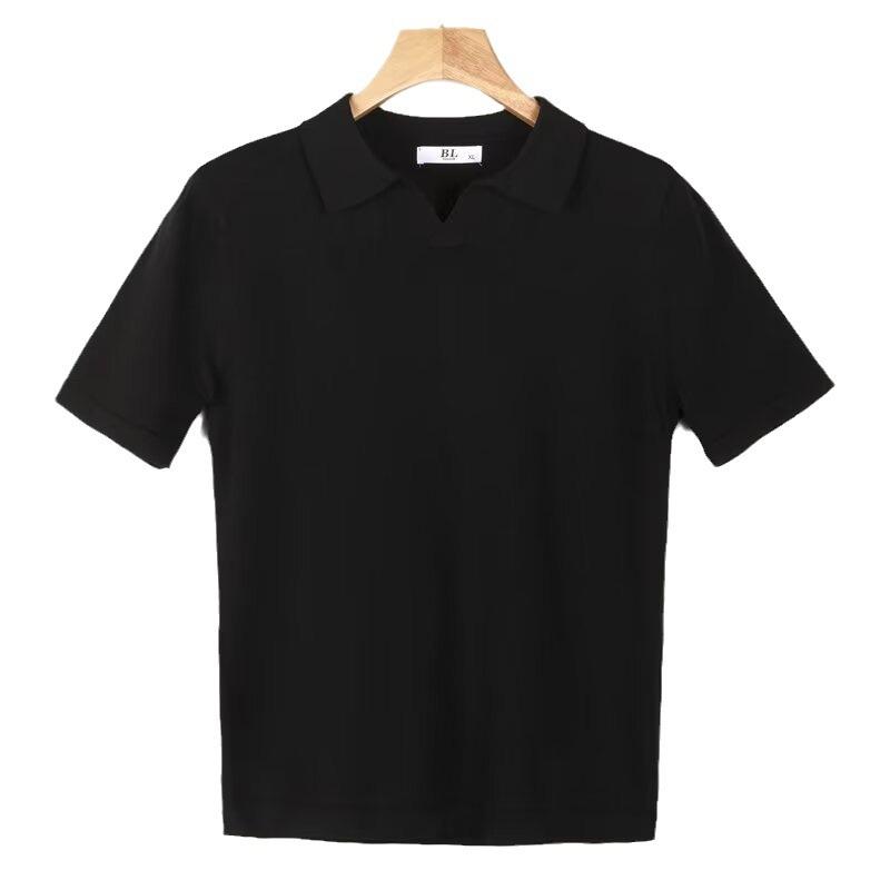 Mens  Tops | Black Regular Fit Textured Open Neck Polo Clothing Mens