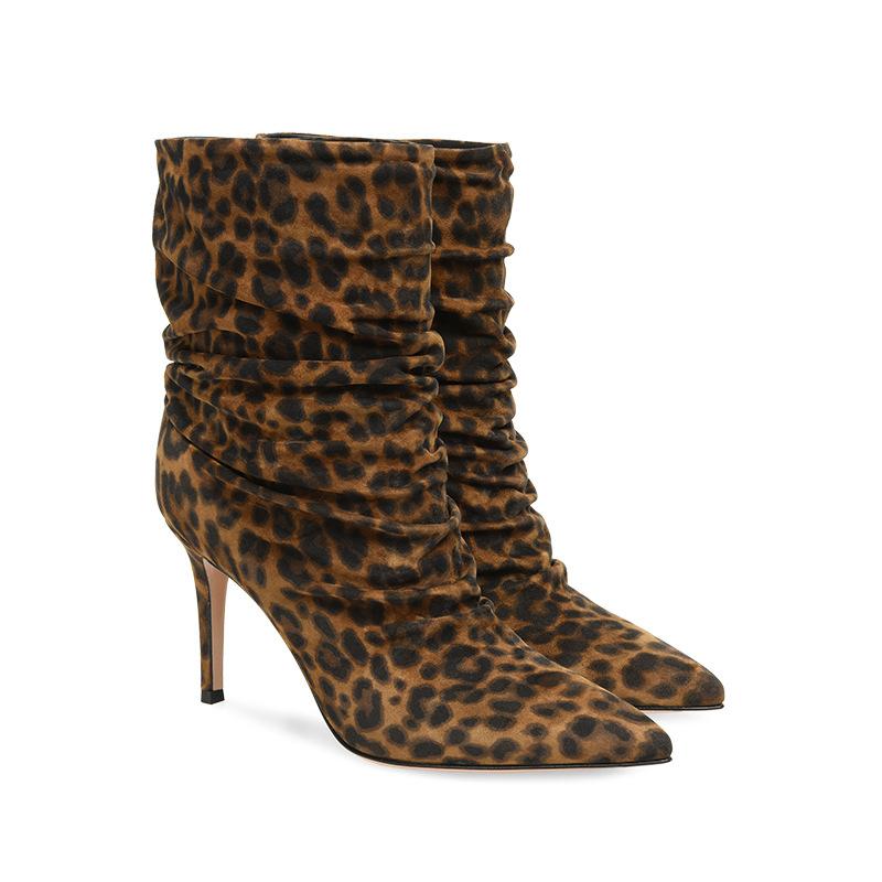 Womens  Boots | Beige Suede Leopard Slouch High Heeled Boots Boots Boots