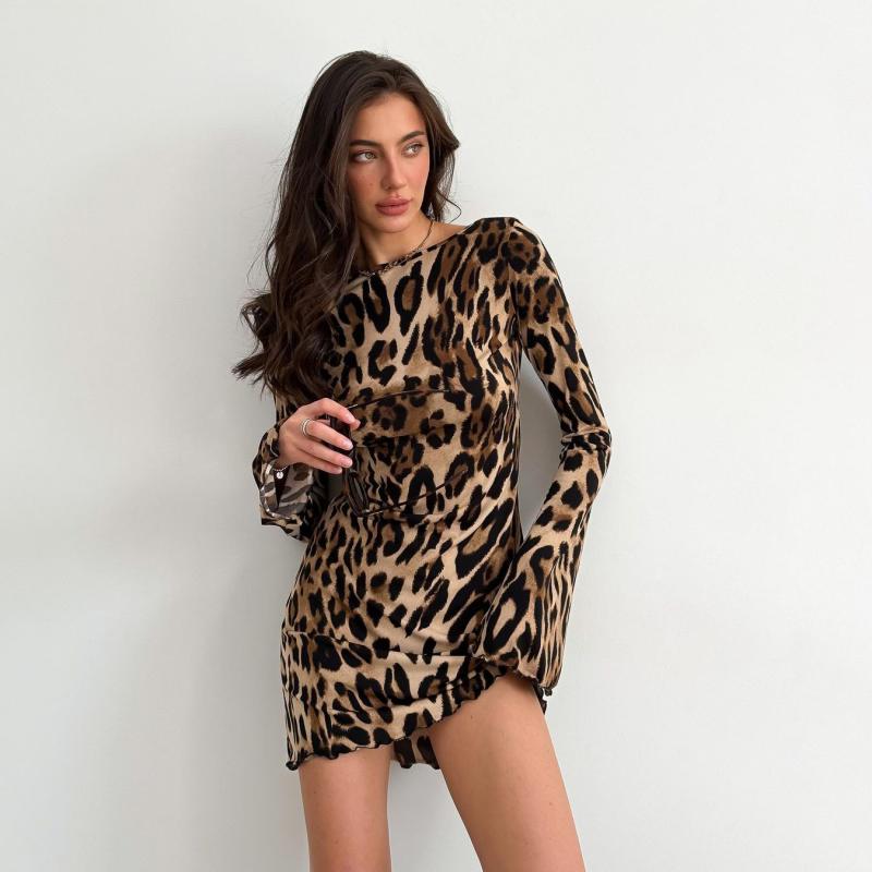 Womens  Dresses | Brown Leopard Print Shirred Mini Dress Clothing Dresses