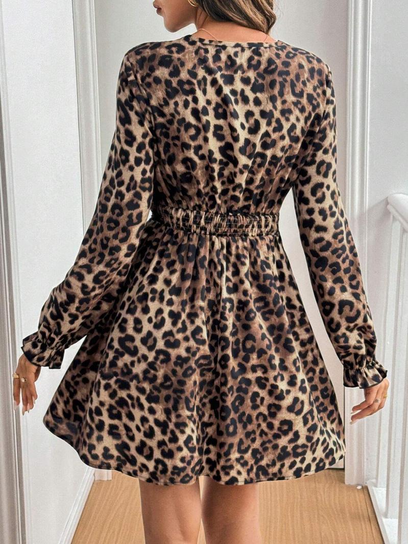 Womens  Dresses | Brown Leopard Puff Sleeve Mini Dress Clothing Dresses