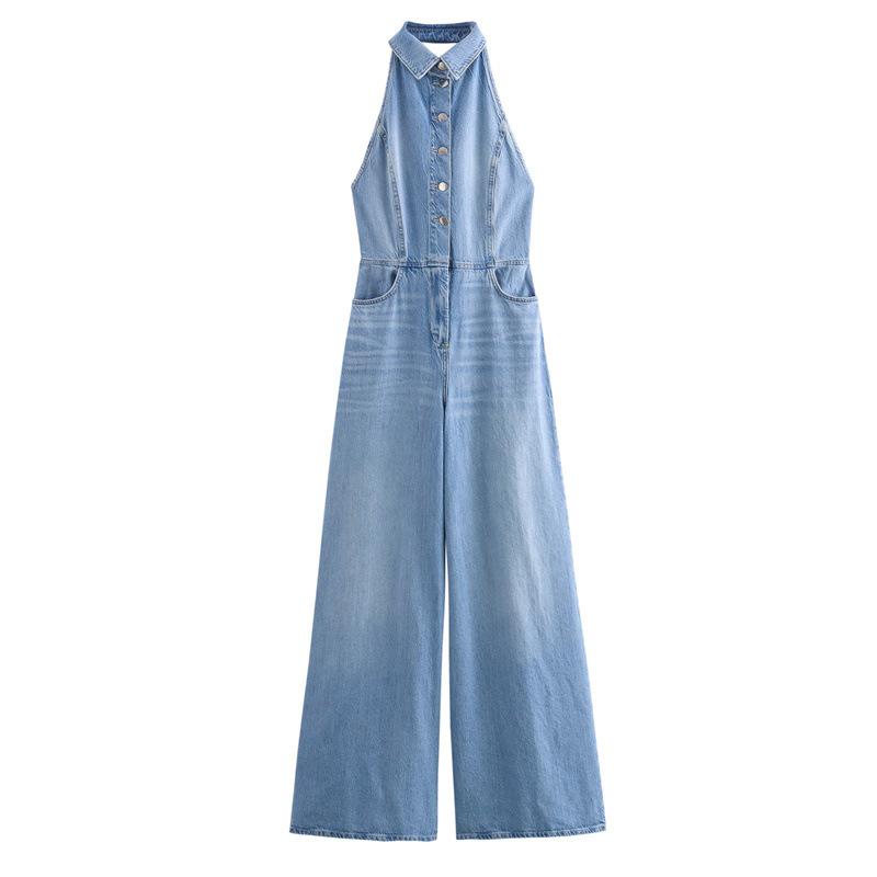 Womens  Jumpsuits & Playsuits | Blue Denim Wide Leg Jumpsuit Clothing Jumpsuits & Playsuits