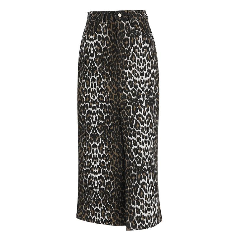 Womens  Skirts | Brown Denim Leopard Print Smart Skirt Clothing Skirts