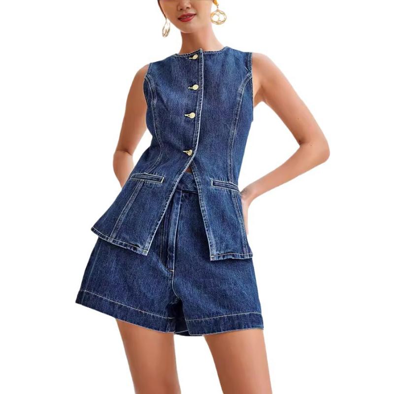 Womens  Suits & Tailoring | Blue Denim Button Up Waistcoat Clothing Co-Ord Sets