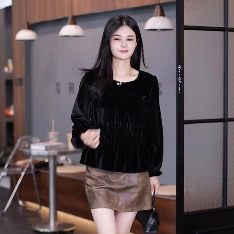 Womens  Tops & T-Shirts | Black Long Sleeve Shirred Chiffon Blouse Blouses & Shirts Blouses & Shirts