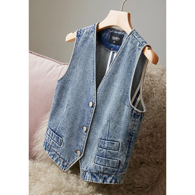 Womens  Tops & T-Shirts | Blue High Neck Denim Waistcoat Clothing Coats & Jackets